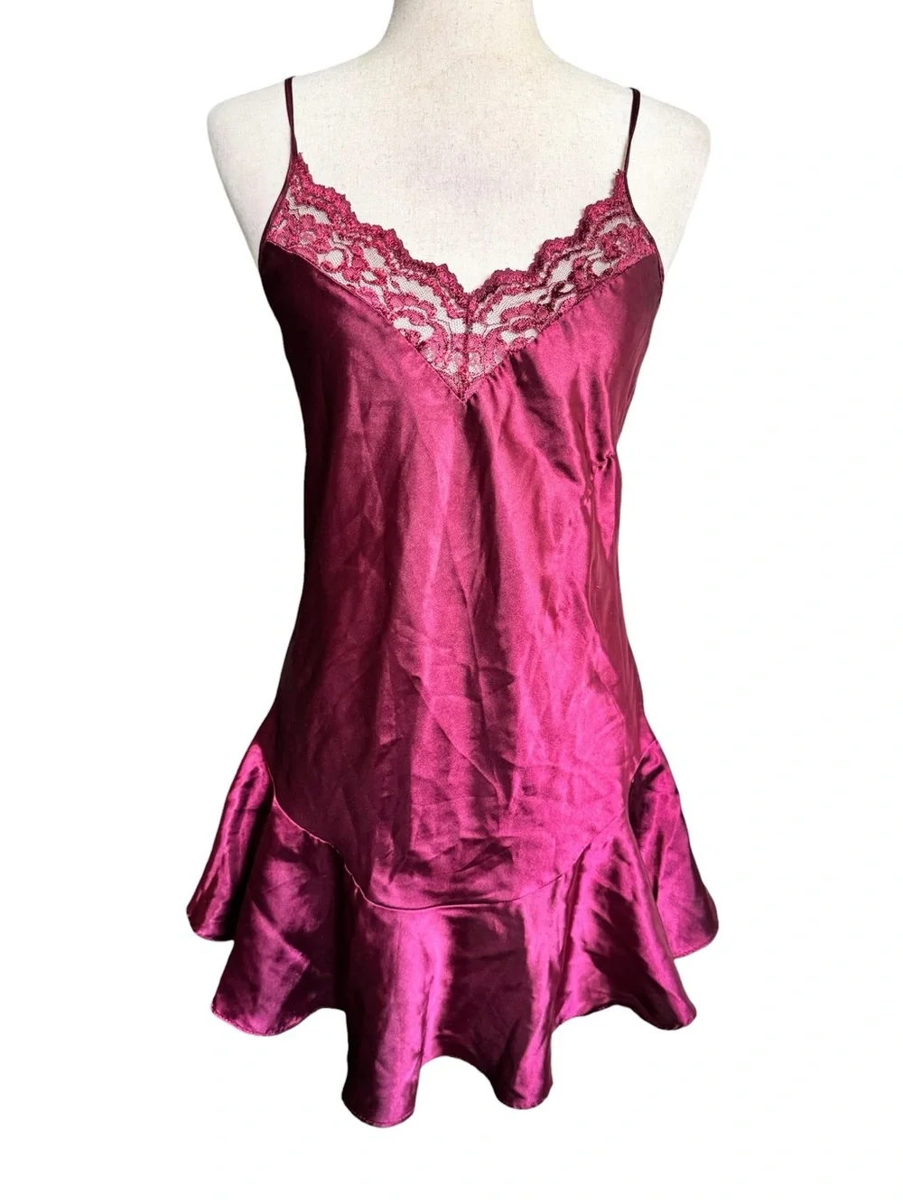 Vintage Magenta Satin Lace-Trim Slip Dress Nightie